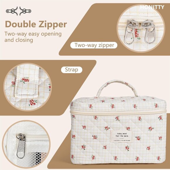 Makeup Bag,Quilted Cosmetic Bags,Large Floral Make Up Organize bag,Makeup Bag Se - Picture 4 of 6